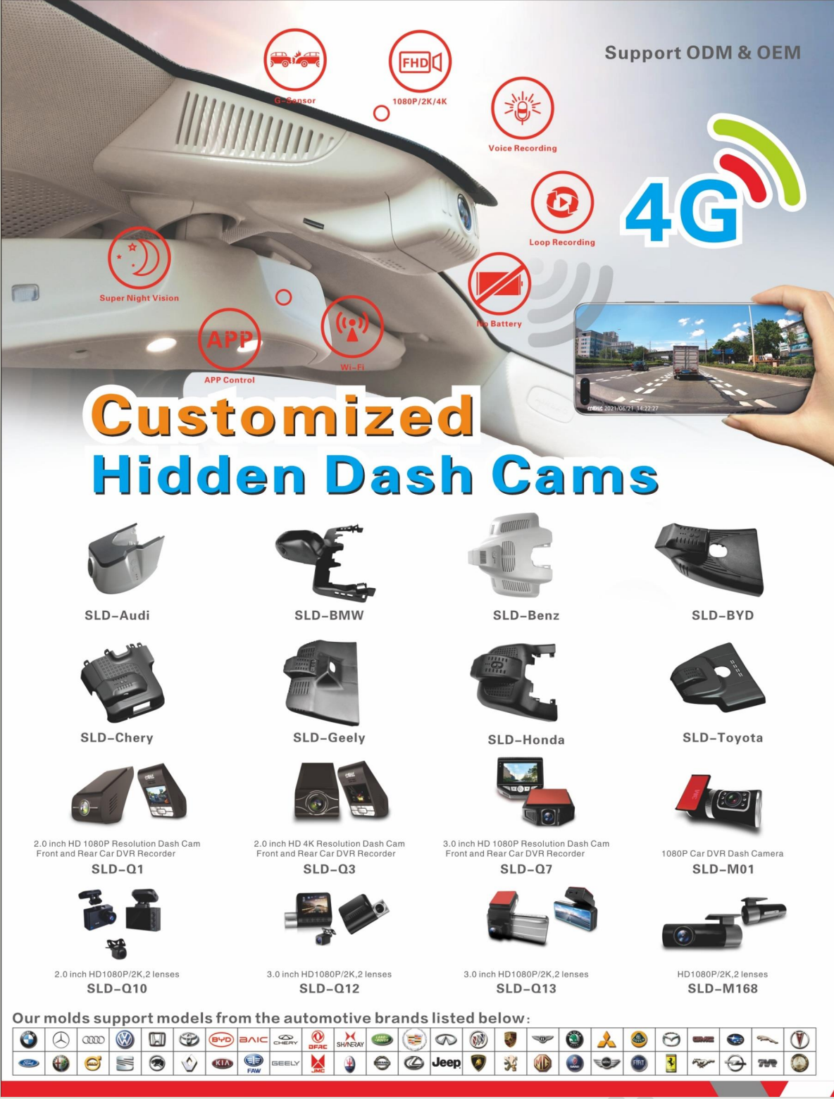 Hidden dash camera functions, vehicle-specific housings and model options