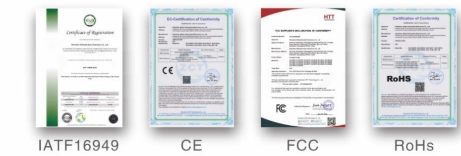 IATF 16949, CE, FCC and RoHS qualification certificates